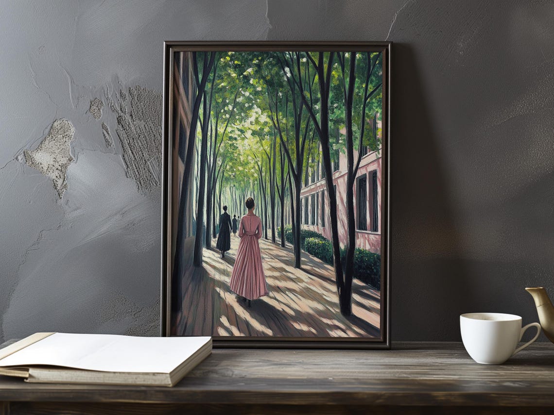 Woman in Pink Gown Strolling a Tree Lined Paris Boulevard Poster
