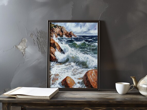 Wild Surf Pounding Red Rocks Beneath a Towering Cliff Seascape Poster
