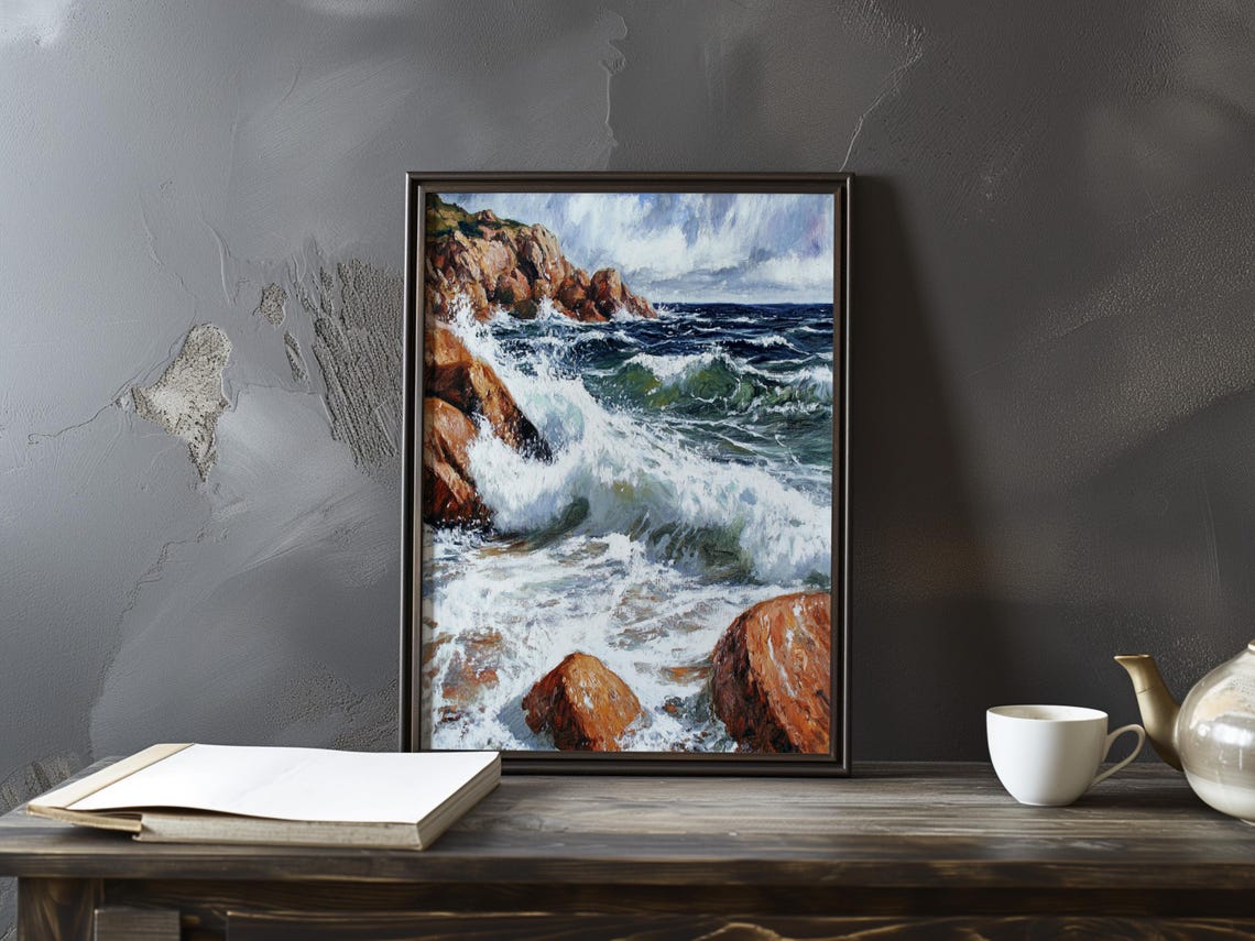 Wild Surf Pounding Red Rocks Beneath a Towering Cliff Seascape Poster