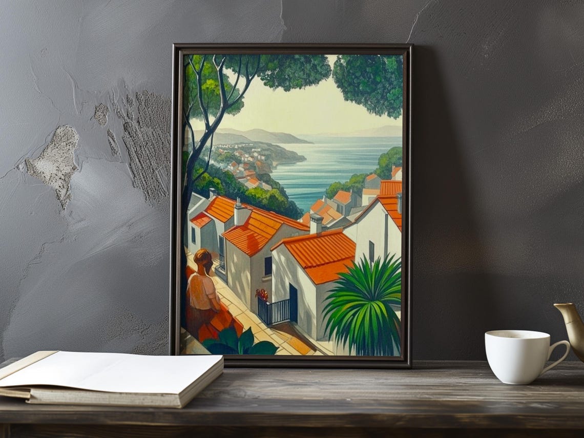 Coastal Village Red Roofs Overlooking the Blue Sea Art Poster