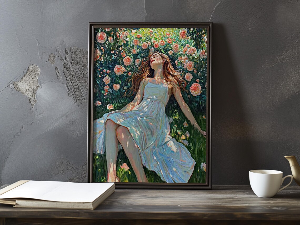 Woman Resting Peacefully Among Pink Roses In A Sunlit Garden Poster