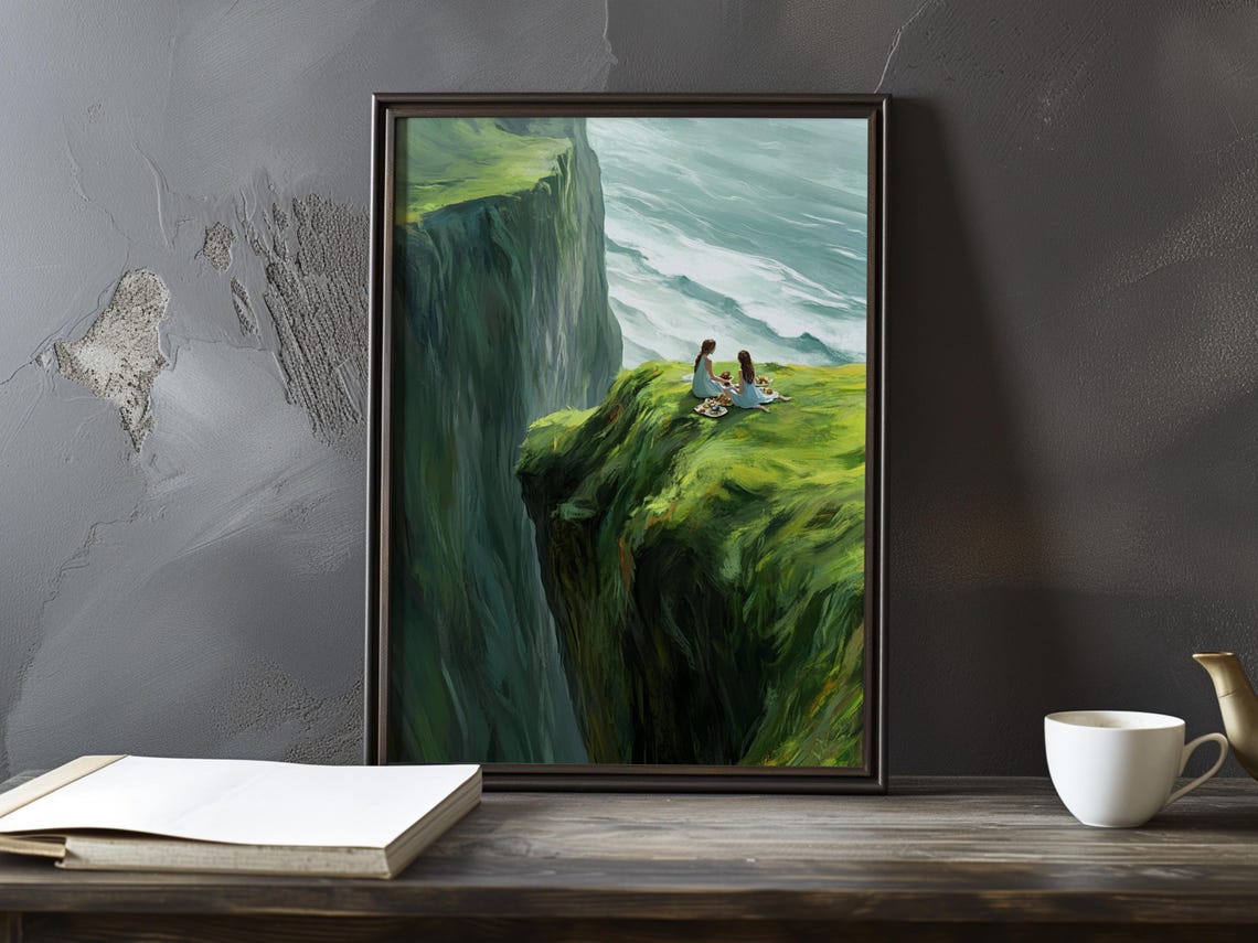 Two Figures on a Verdant Cliff High Above the Sea Poster Art