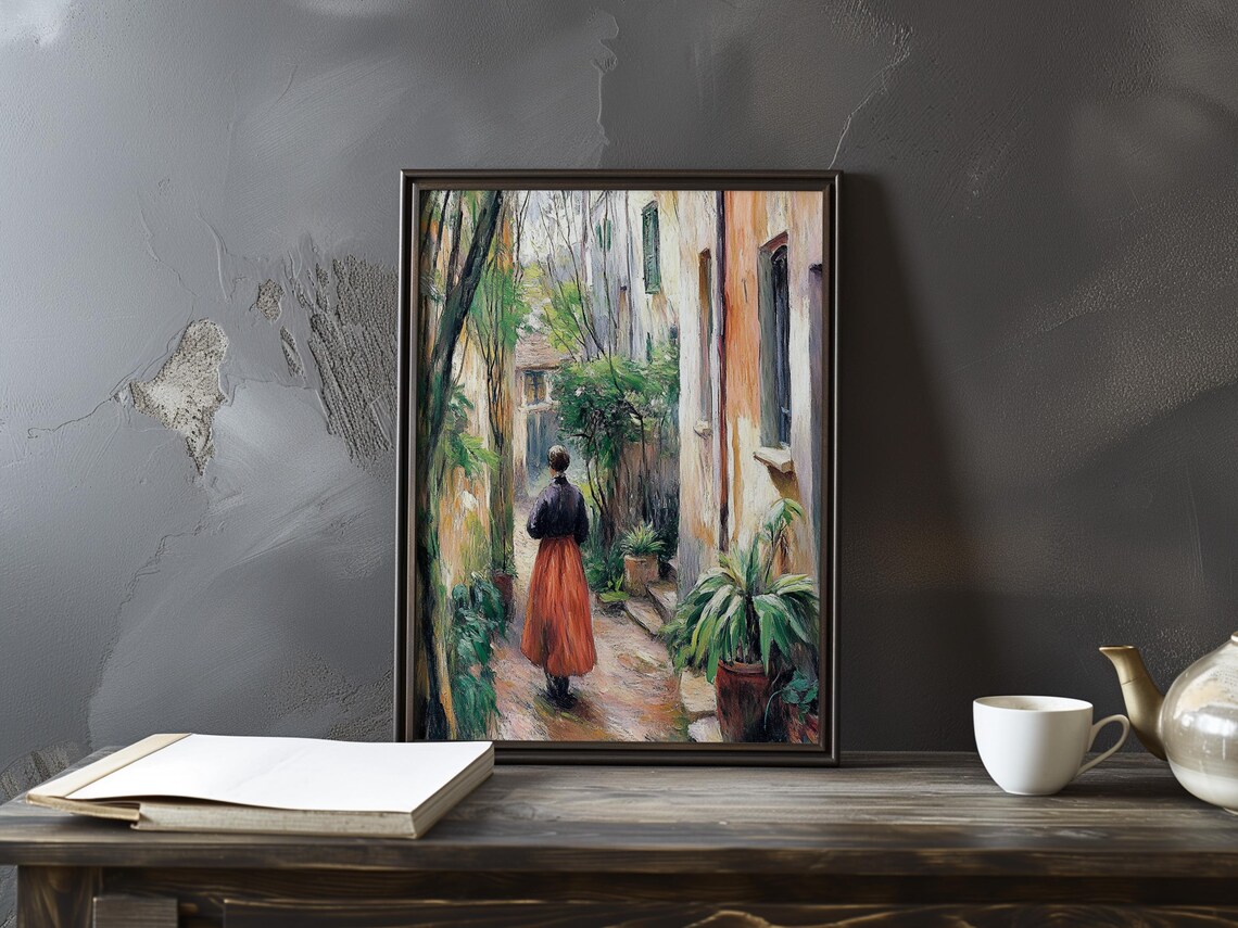 Pissarro Inspired Woman in Red Skirt in a Sunlit Alley Poster