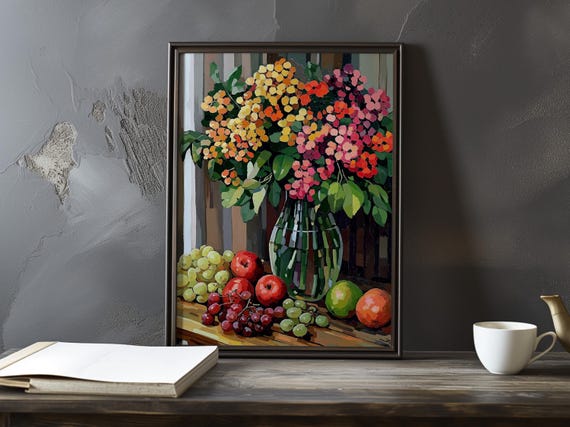 Still Life With Flowers And Fruit Paul Cezanne Inspired Impressionist Art Print French Natural Landscape Poster Impressionism