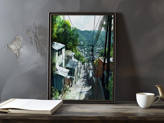 Steep Village Alley With Power Lines Overlooking A Town Poster