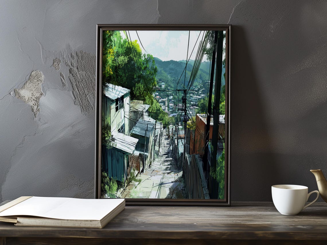 Steep Village Alley With Power Lines Overlooking A Town Poster