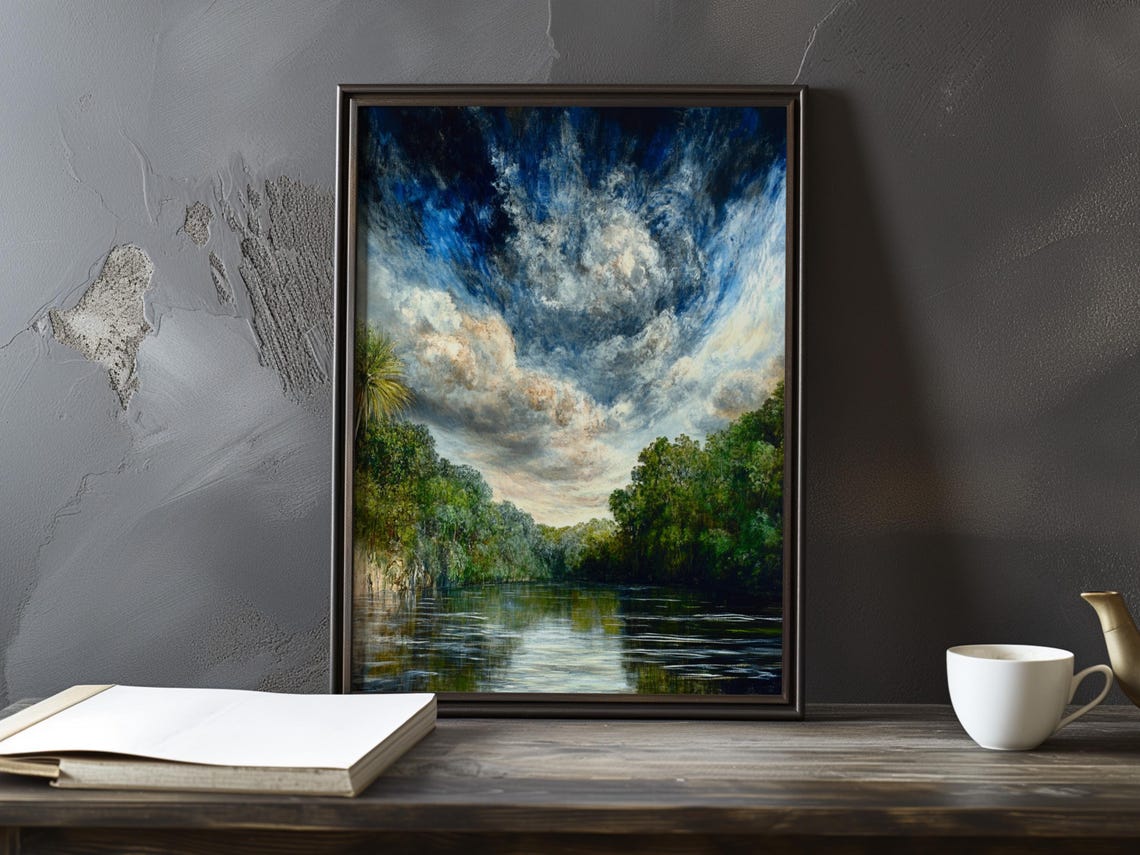 Brilliant Blue and White Clouds Over a Tranquil River Poster