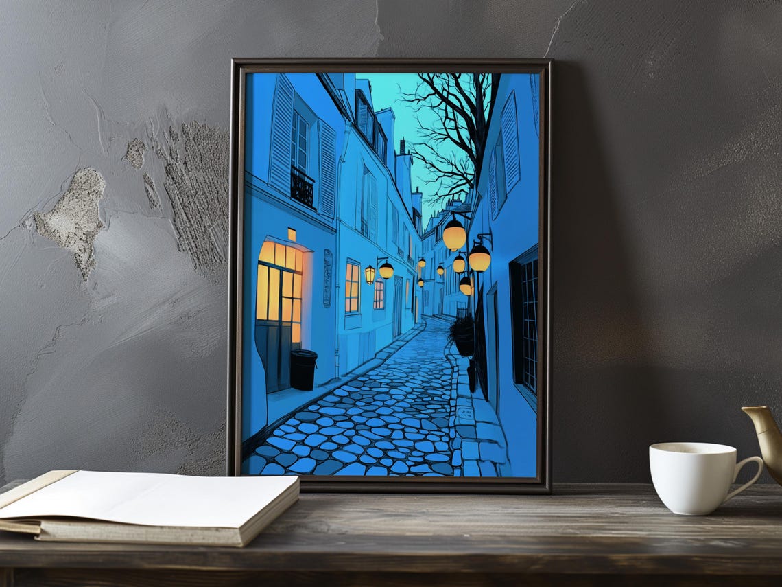Cobalt Blue Alley at Dusk with Glowing Orange Windows Poster