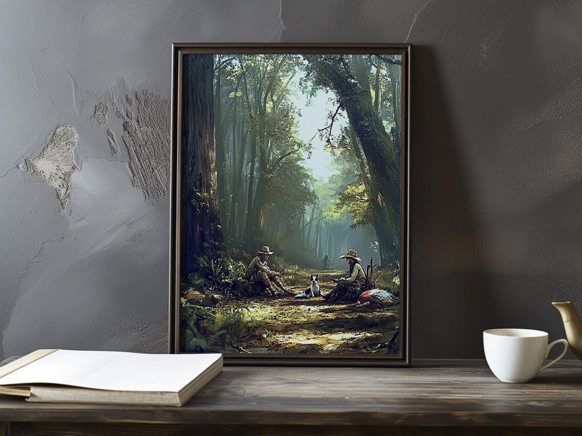 Two Hunters Resting With Dog In A Quiet Forest Clearing Poster