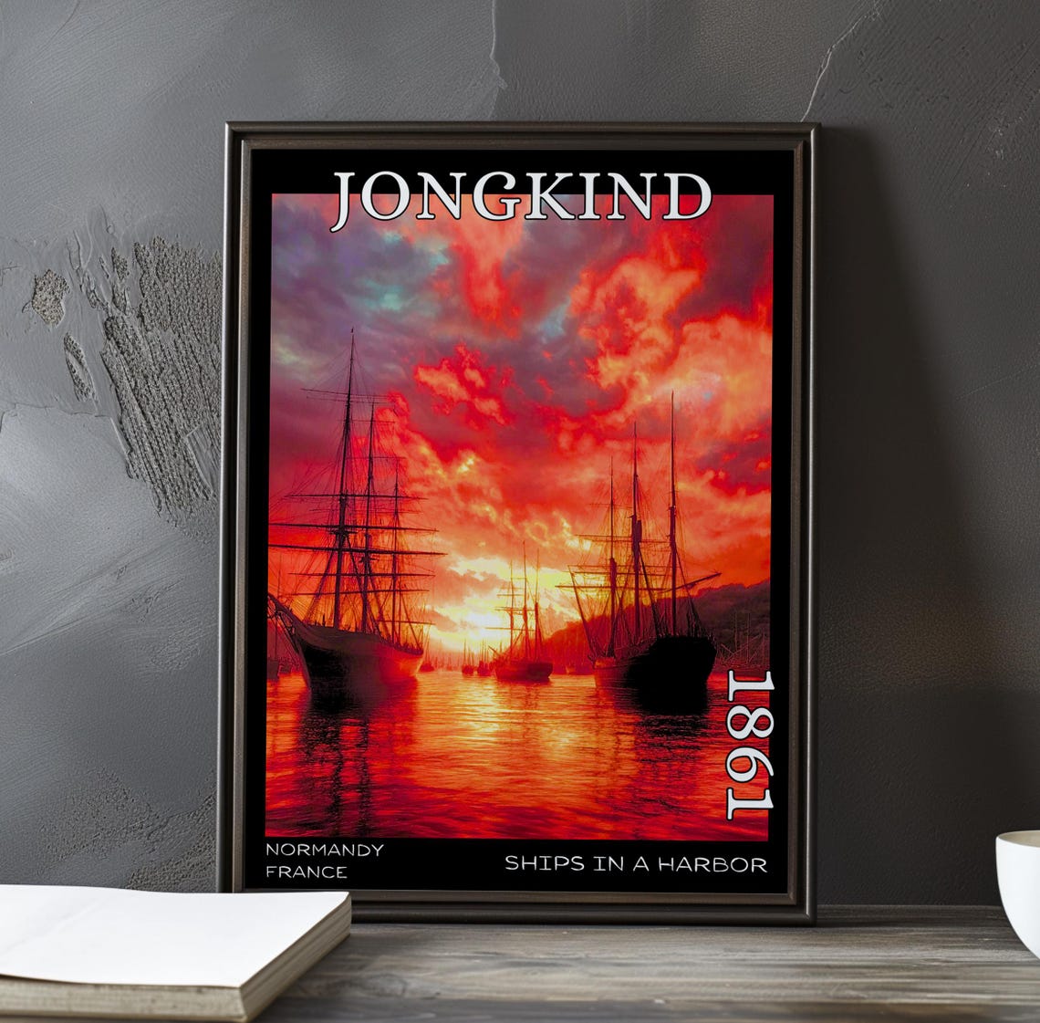 Jongkind 1861 Two Tall Ships Beneath a Fiery Red Sunset Poster