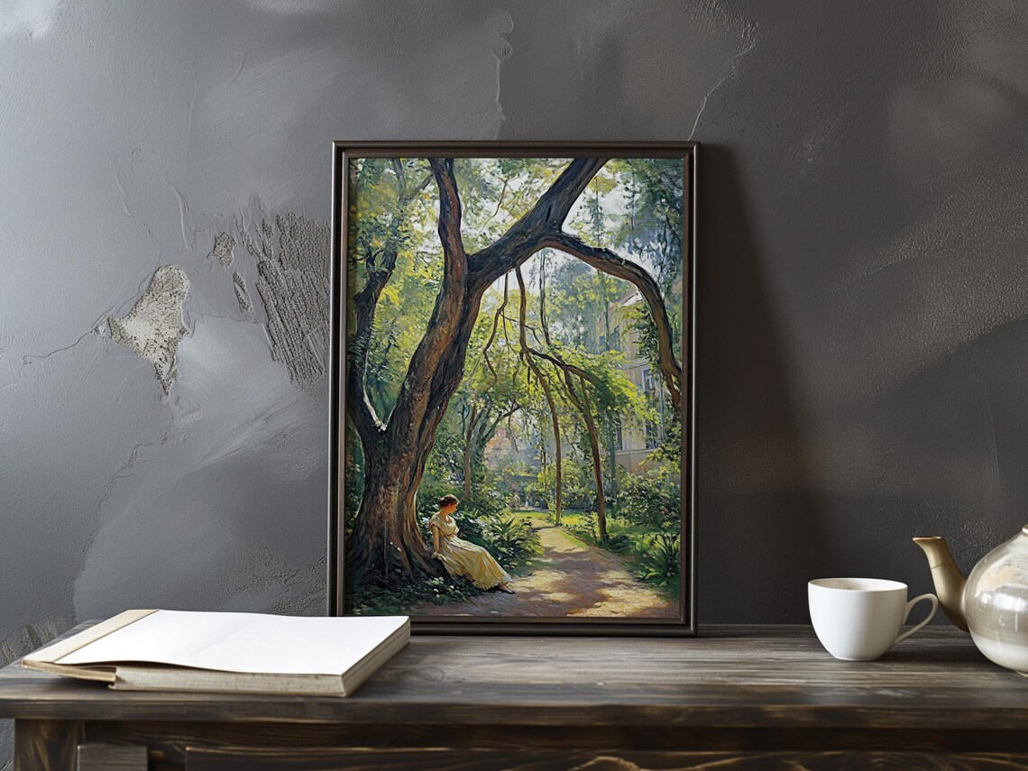 Woman in a Yellow Dress Resting by an Old Tree in a Park Art Poster