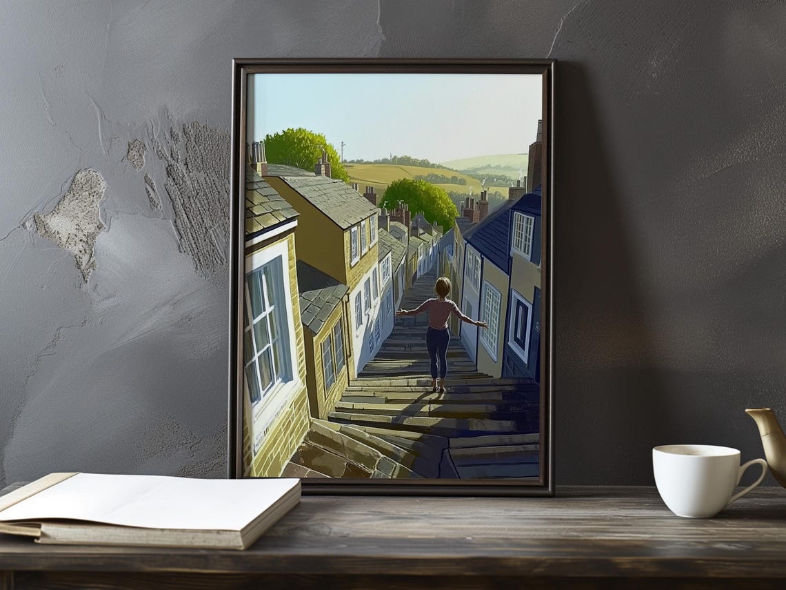 Girl Walking Up Sunlit Steps Through A Hillside Town At Sunset Poster