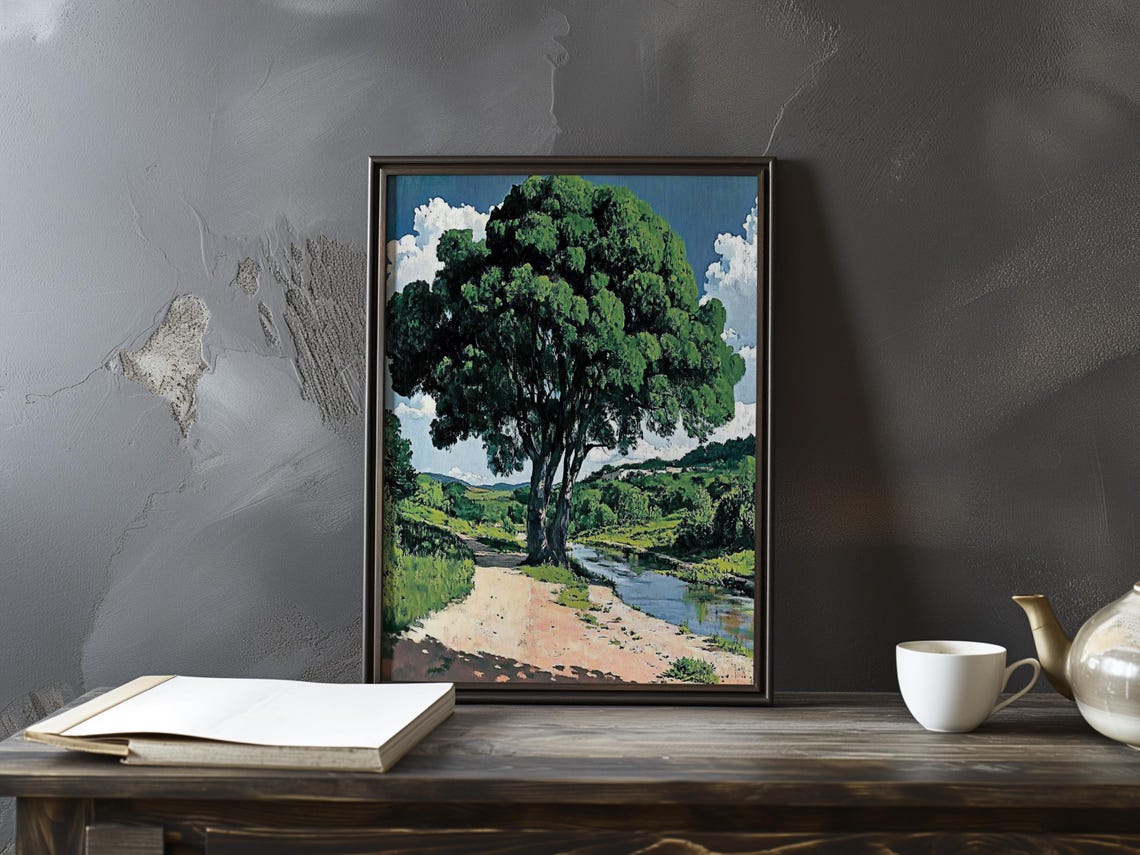 Vallotton Inspired Majestic Oak Tree by a Country River Poster