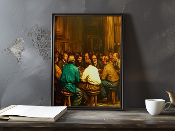 Men Sharing Drinks Around A Warm Candlelit Tavern Table Poster