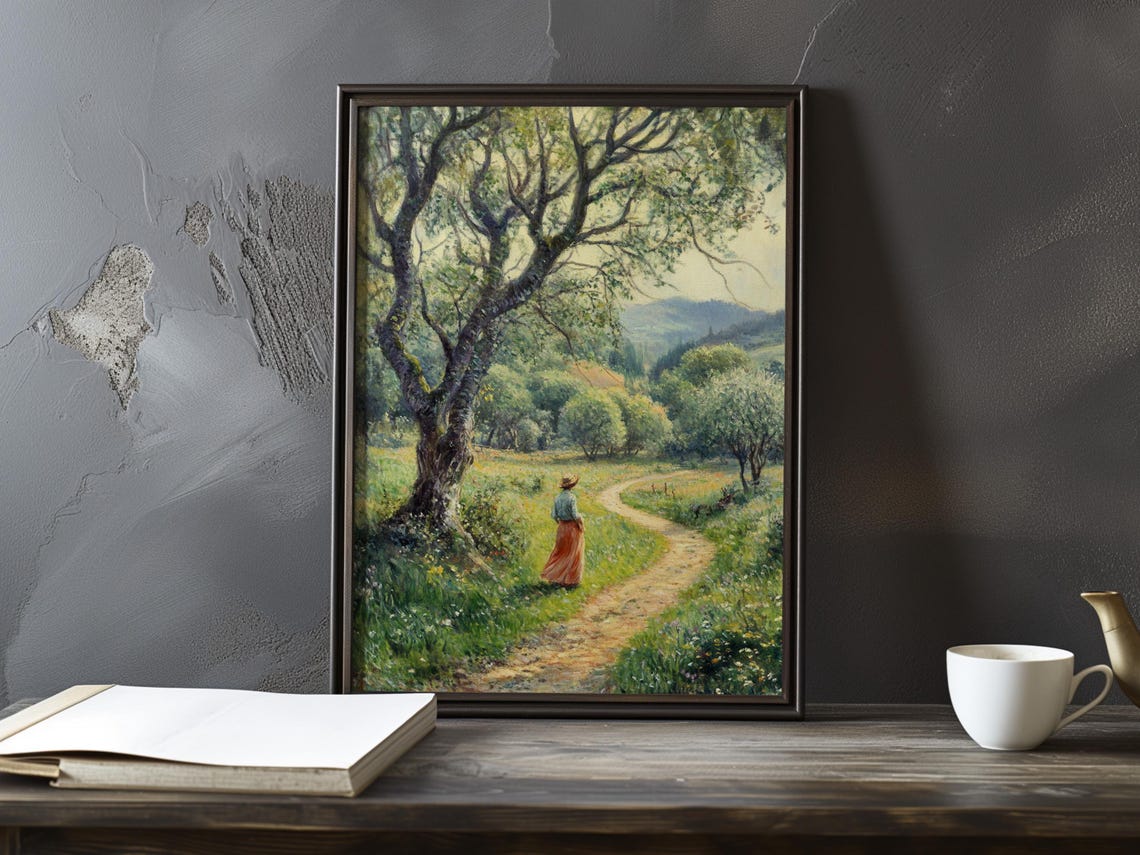 Woman in Rust Skirt Beneath an Olive Tree on a Winding Path Poster