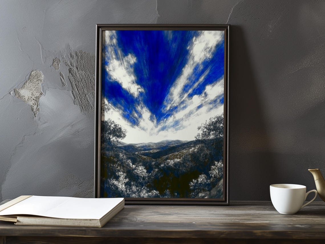 Deep Blue Sky Opening Over A Dark Mountain Forest Valley Poster