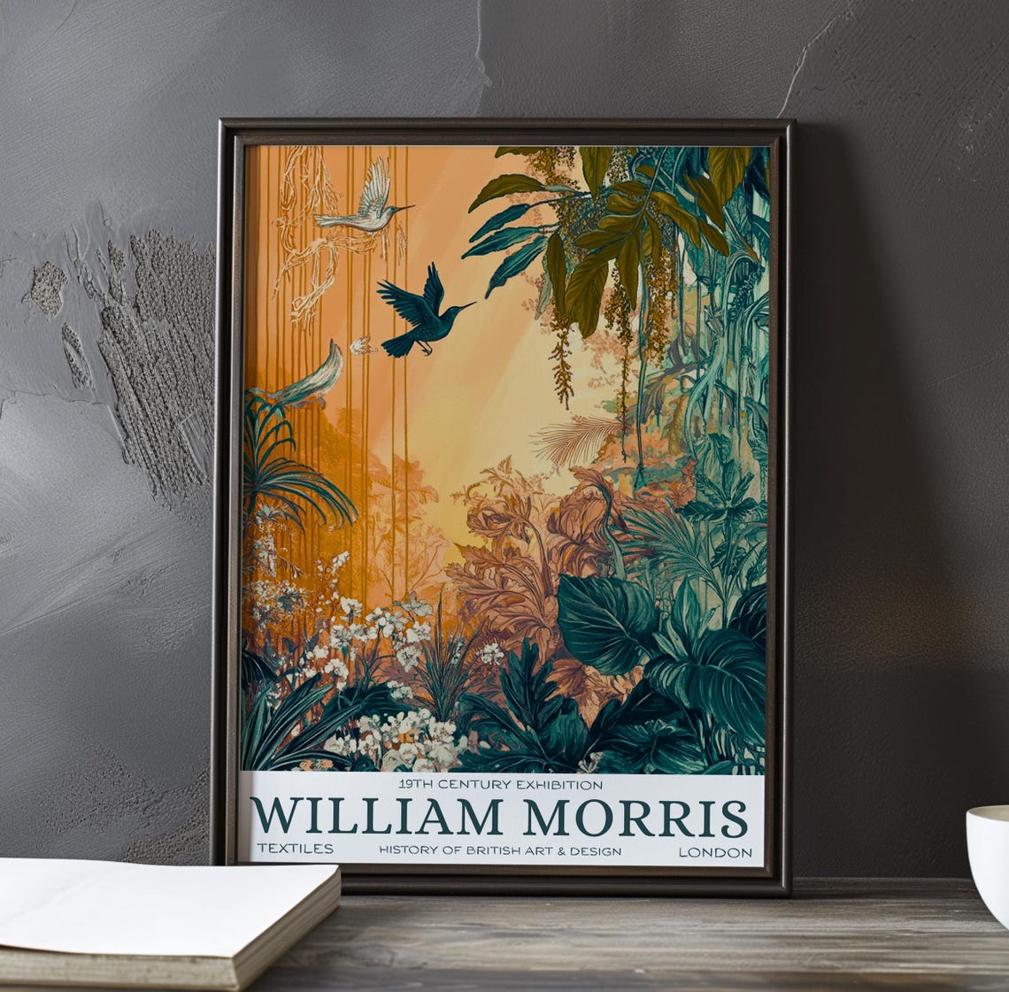 William Morris Tropical Sunset Birds Flying Botanical Textile Poster