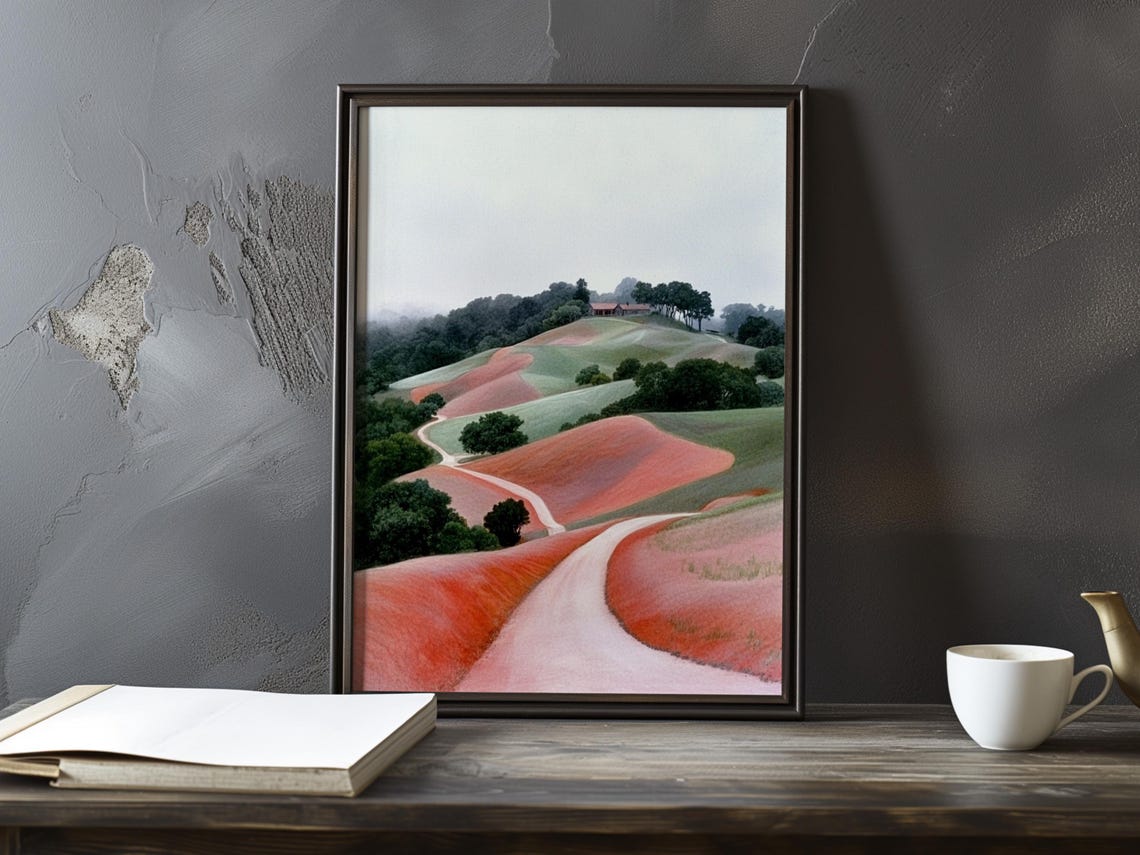 Misty Pink Hills with a Winding White Road Impressionist Poster