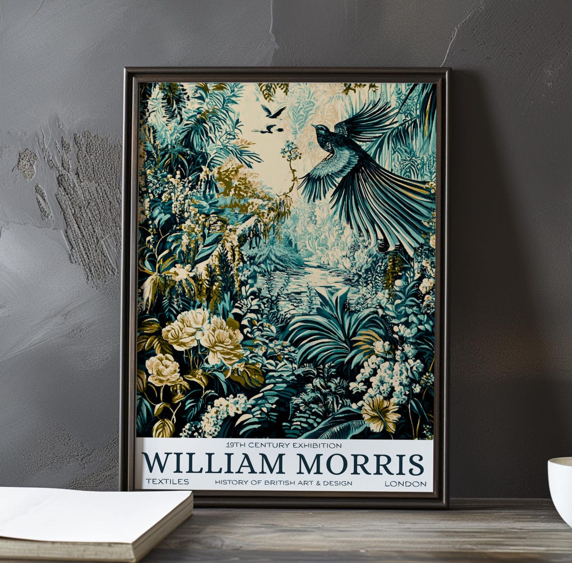 William Morris Teal Garden Flight Bird and Peony Exhibition Poster