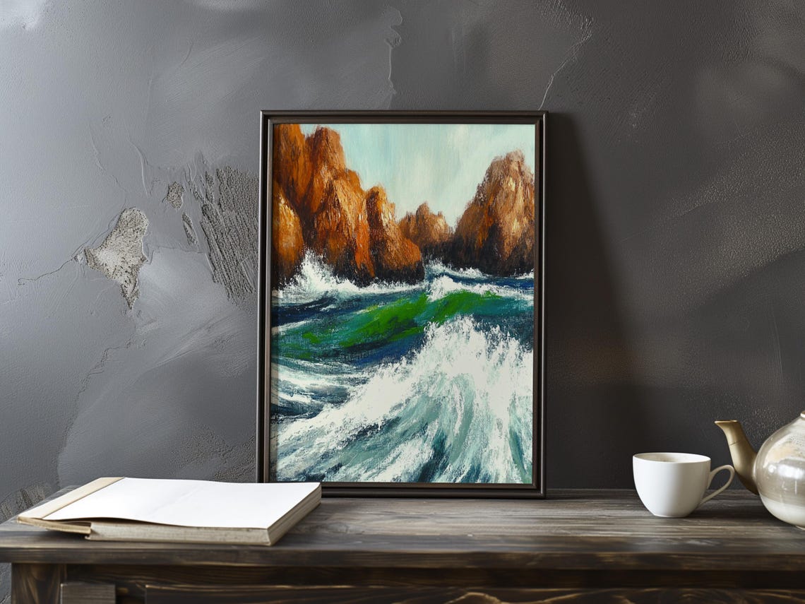 Green Ocean Comber Rolling Before Red Rocky Sea Stacks Poster