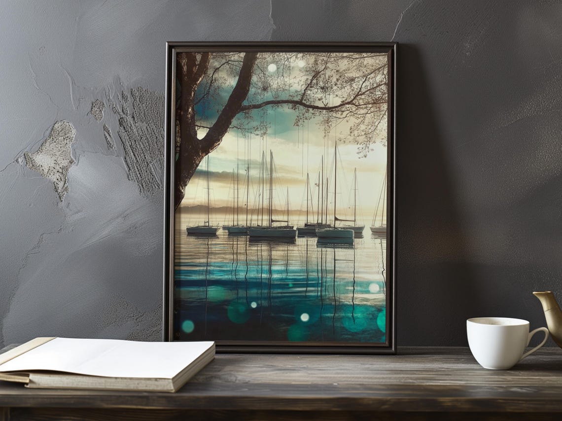Moored Sailboats Framed by Tree Branches at Evening Painting Poster
