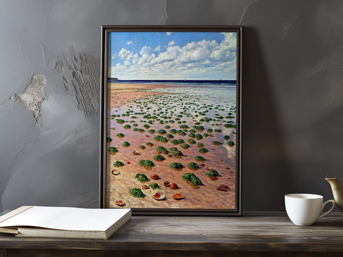 Daytime Low Tide Beach With Seaweed Tufts And Scattered Shells Poster