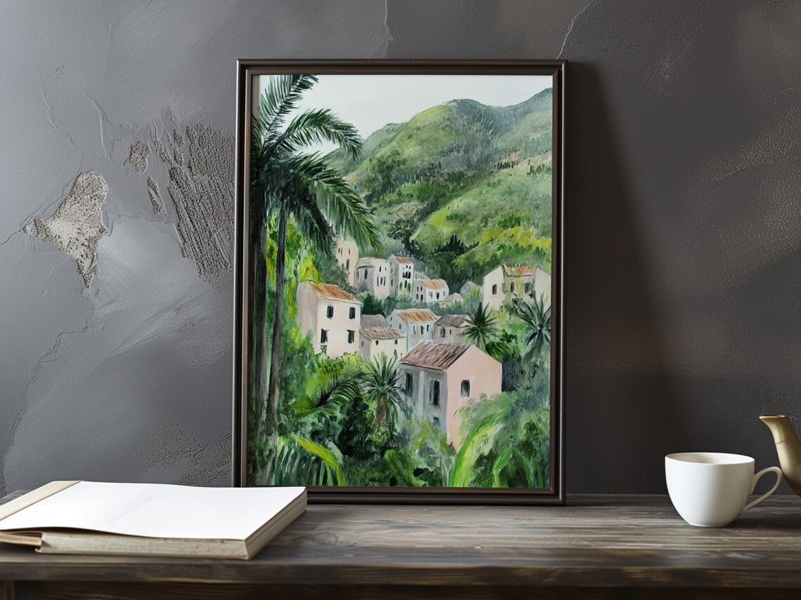 Tropical Village With Palm Trees Watercolor Cezanne Style Art Poster