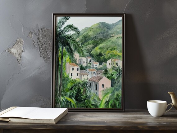 Tropical Village With Palm Trees Watercolor Cezanne Style Art Poster