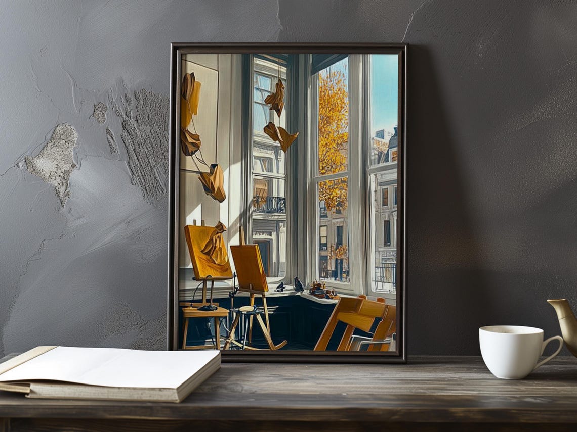 Bright Modern Art Studio With Easels And Autumn Street Views Poster
