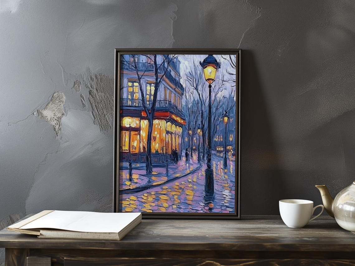 Blue Evening Paris Corner Cafe With Lit Windows and Lamppost Poster