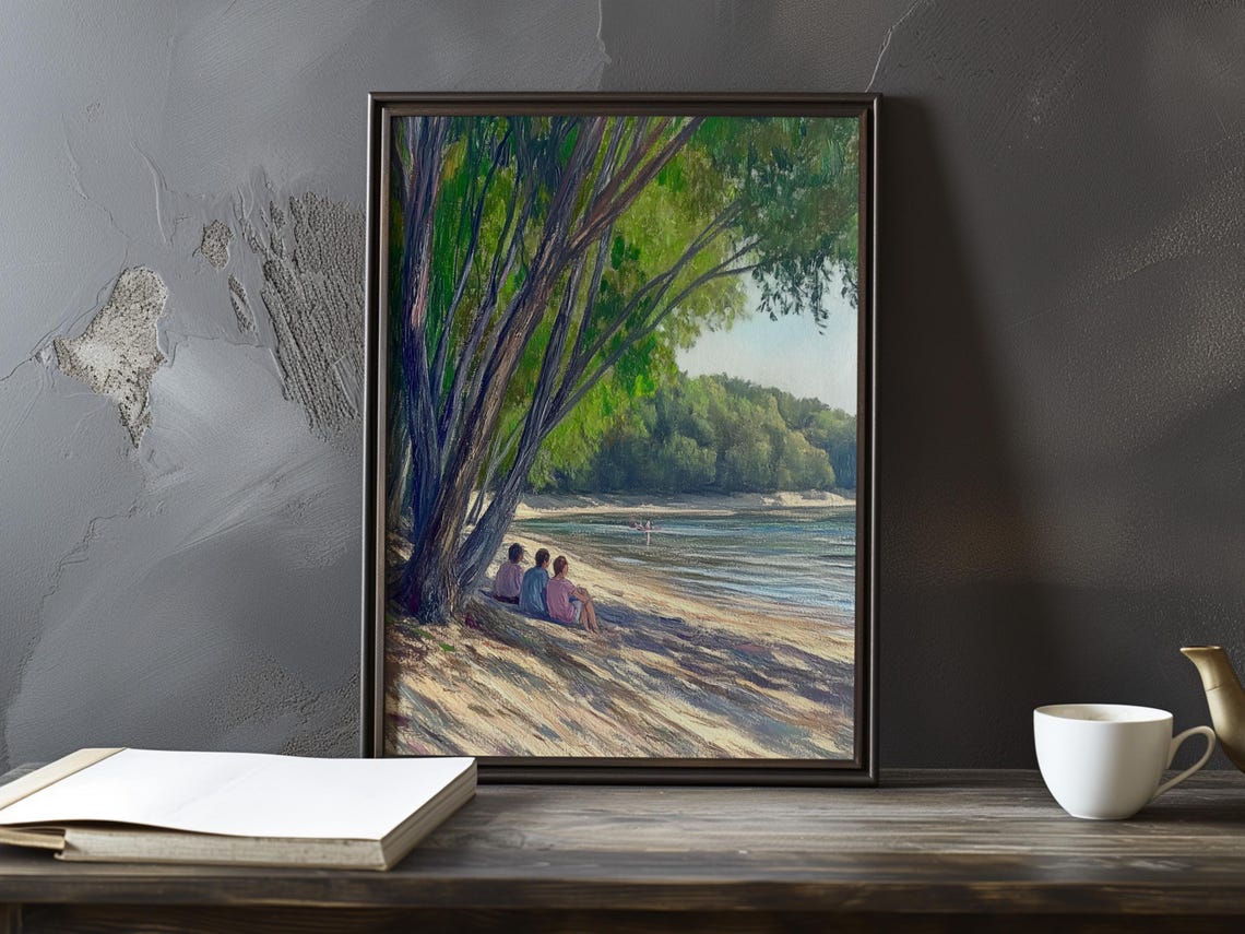 Three Figures Seated Under a Drooping Tree on a Sandy Shore Poster