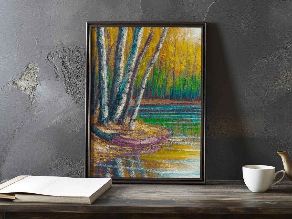 Silver Birch Trunks Beside Still Colorful Water Impressionist Poster