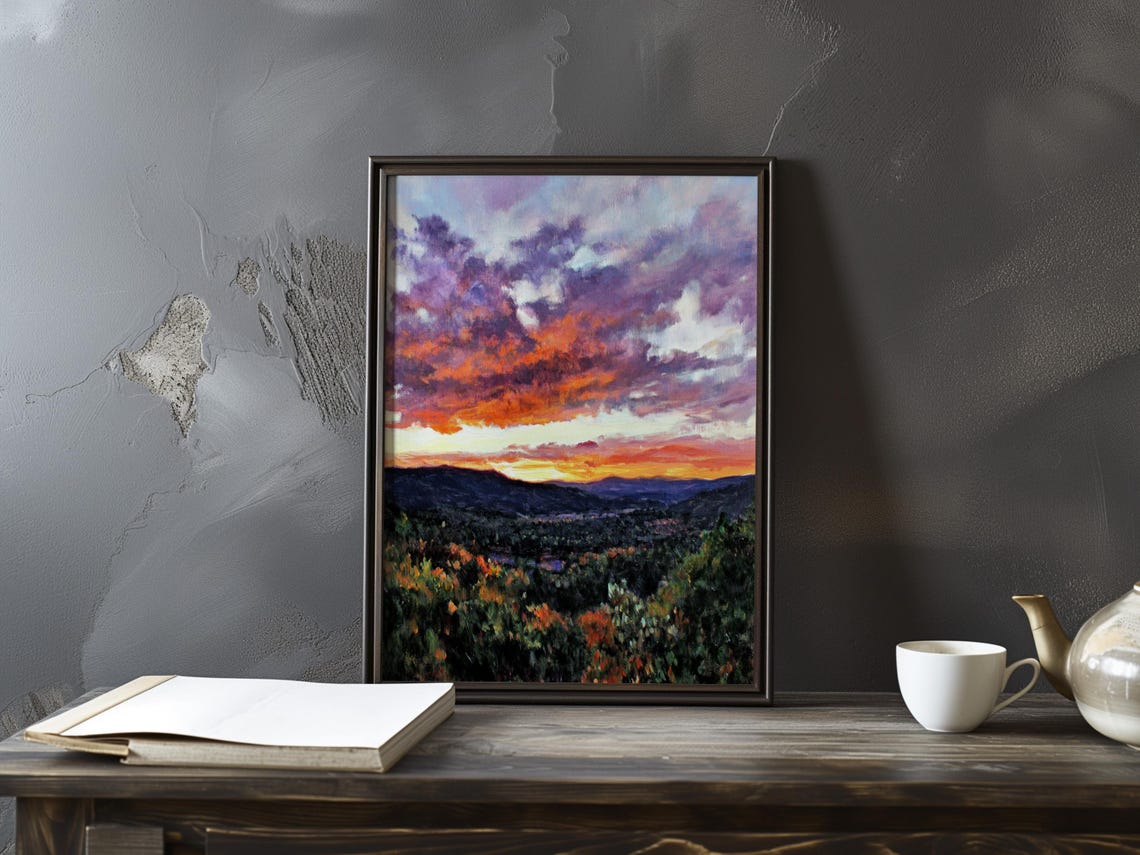 Mountain Valley Under a Stormy Purple-Red Sunset Impressionist Poster