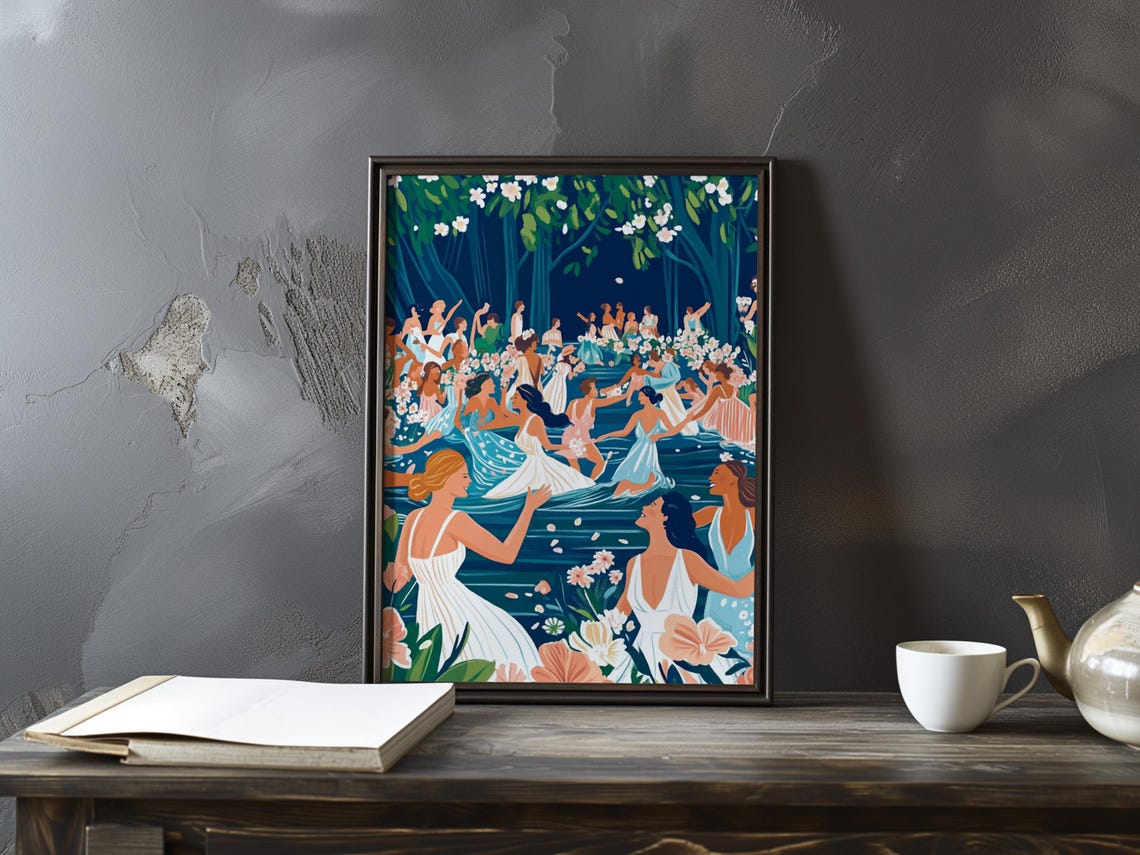 Women Dancing in a Moonlit River Among Cherry Blossoms Art Poster