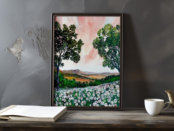 White Wildflower Field Between Two Trees At Pink Sunset Poster