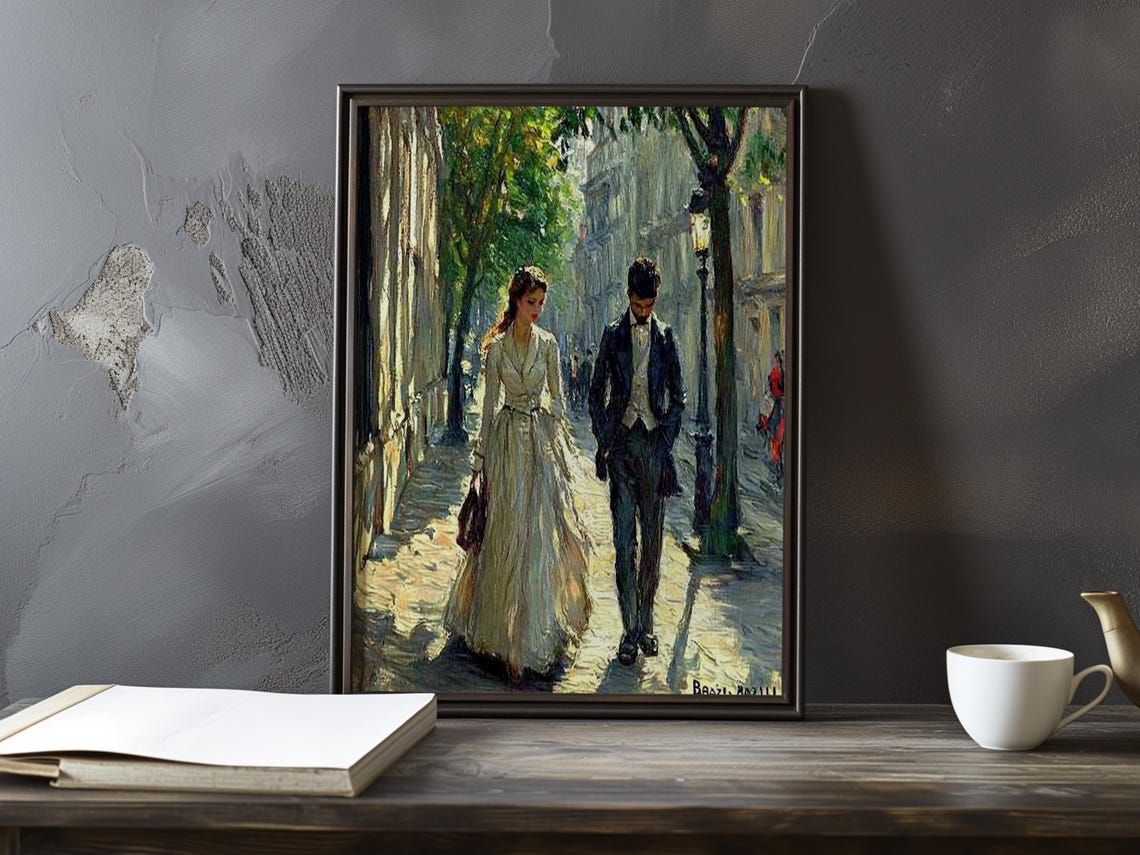 Elegant Couple Strolling a Sunlit Paris Sidewalk 19th Century Poster