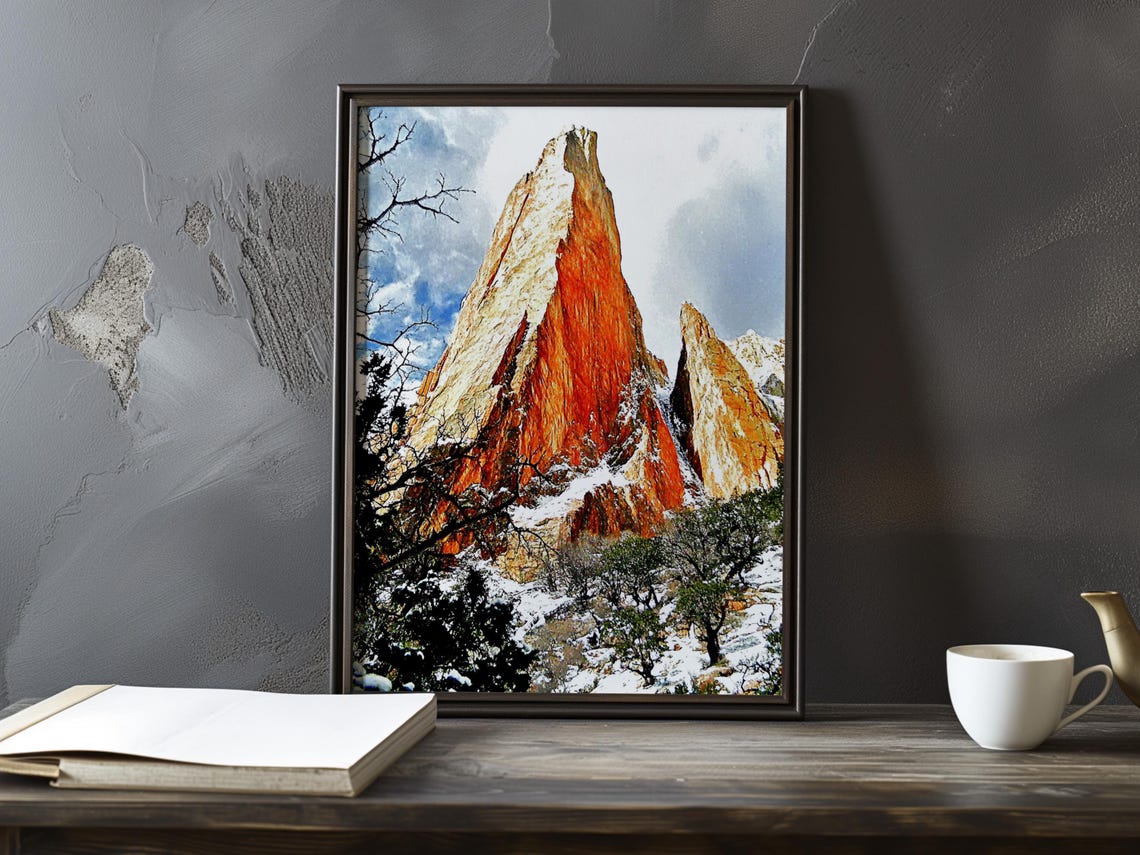 Red Sandstone Spire Rising Over Snowy Pine Trees Impressionist Poster