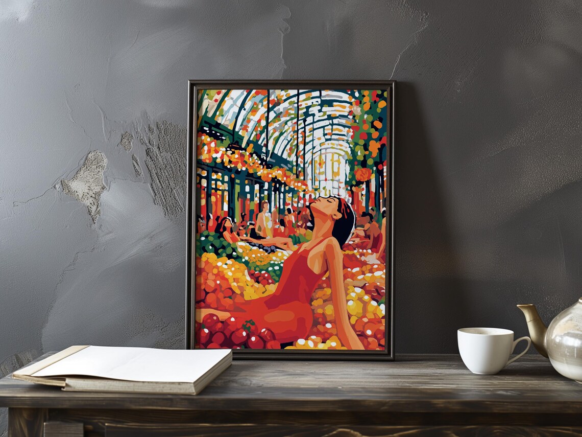 Woman in Red Dress at a Vibrant Indoor Flower Market Art Poster