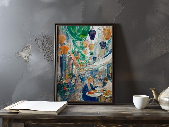Manet Inspired Paris Street Market with Hanging Lanterns Poster
