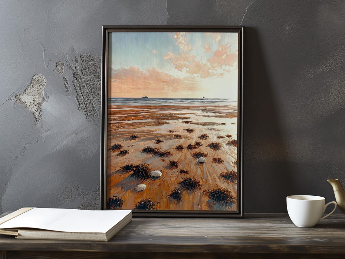 Golden Hour Low Tide Beach With Seaweed And Shells At Dusk Poster