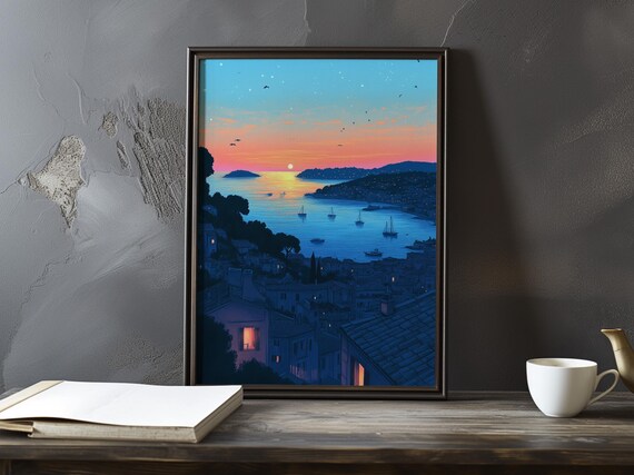 Coastal Bay Sunset with Sailboats from Town Overlook Teal Poster