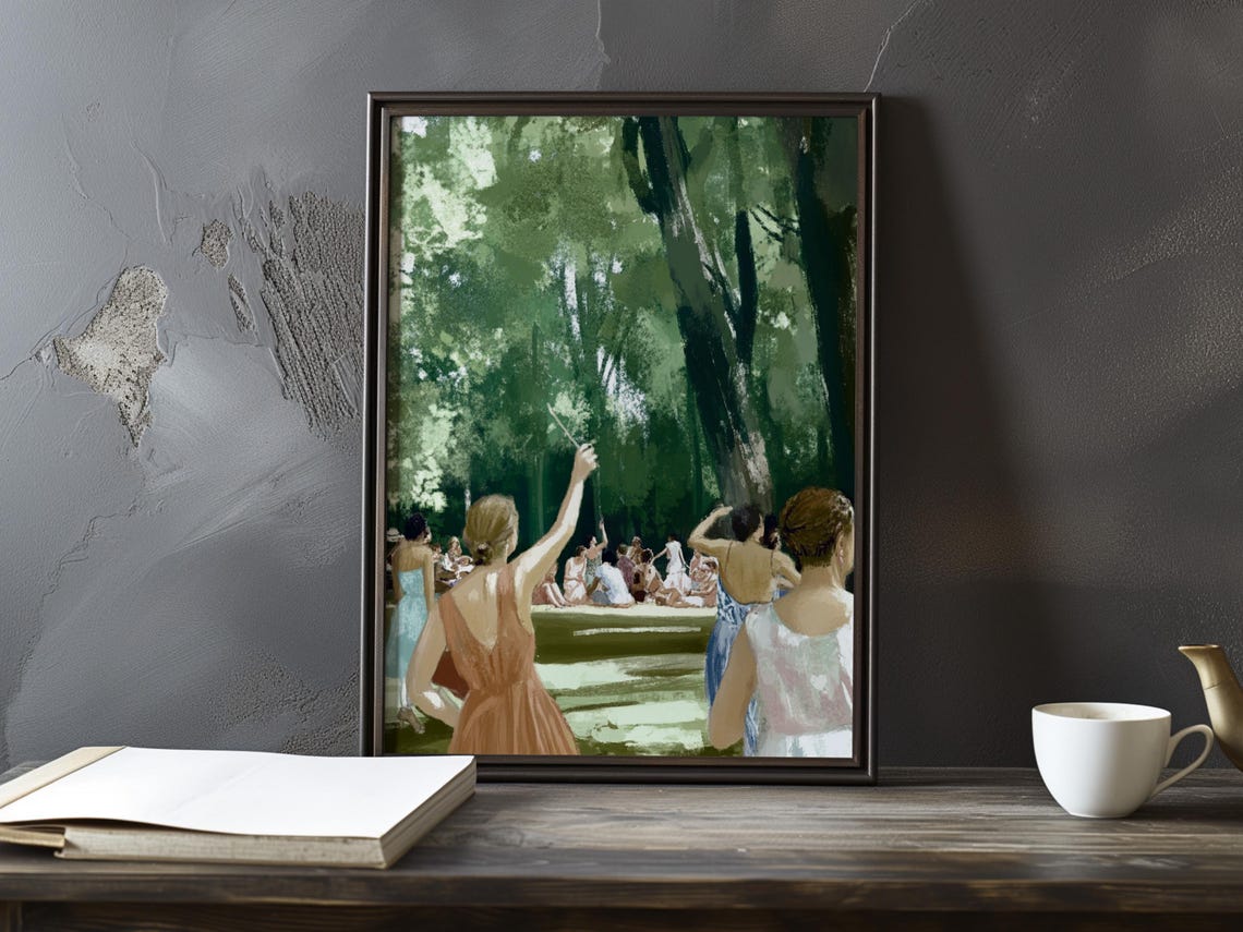 Women Dancing Together Joyfully In A Sunlit Forest Glade Poster