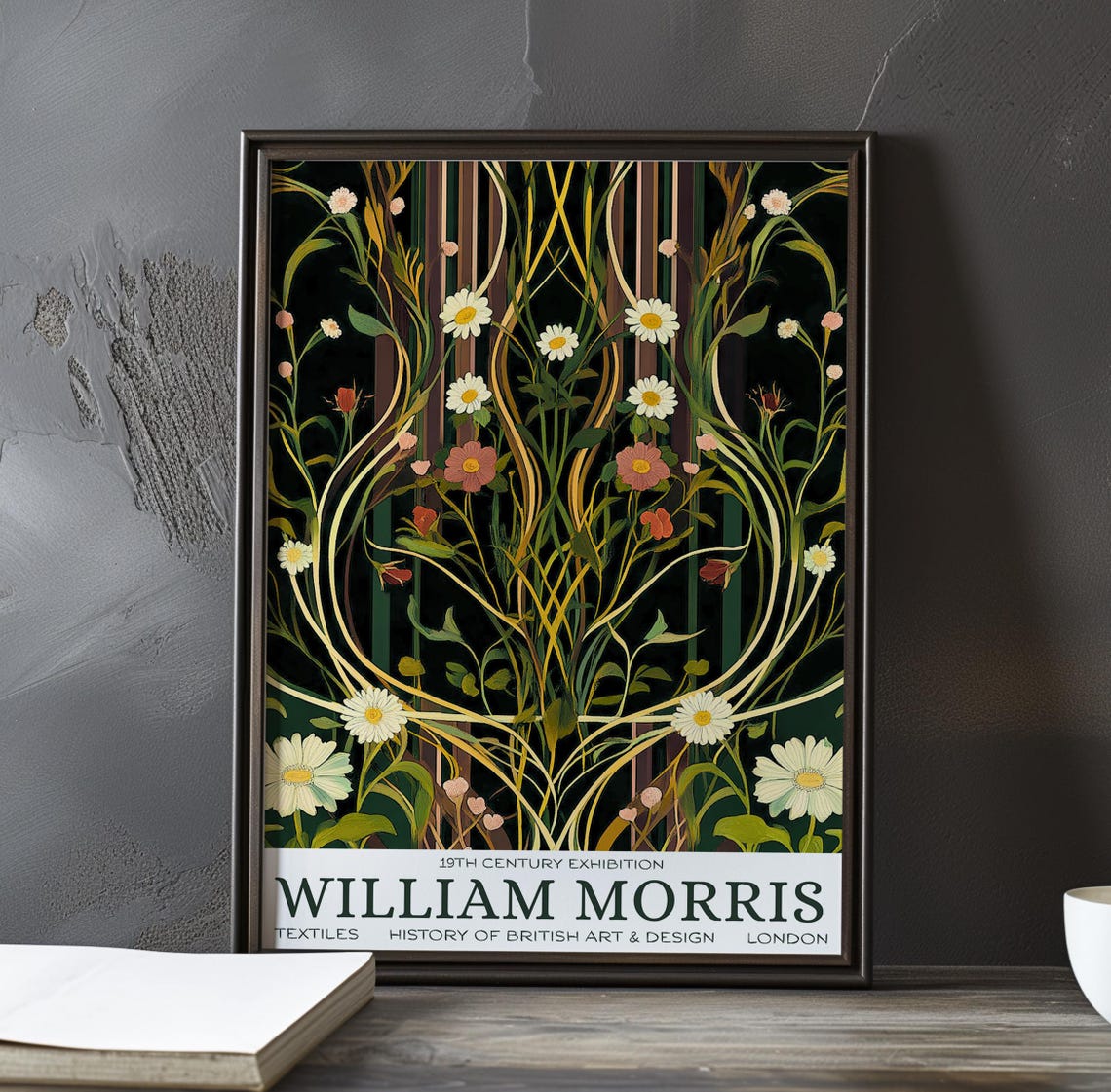William Morris Golden Curving Stems Daisies on Black Ground Poster