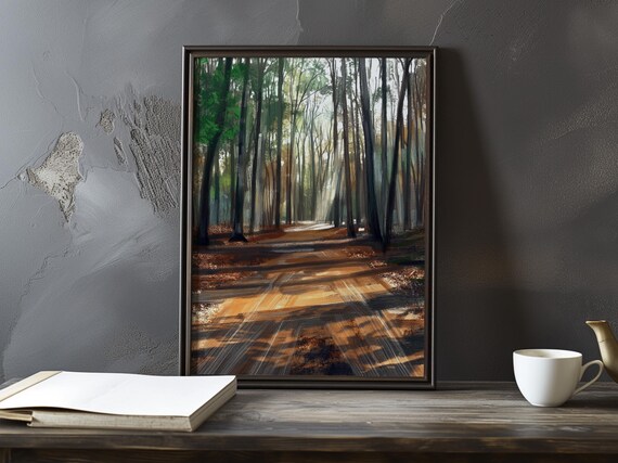 Misty Forest Path With A Shaft Of Golden Light At Dawn Poster