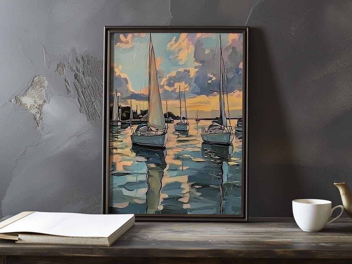Moored Sailboats in a Golden Sunset Harbor Impressionist Art Poster