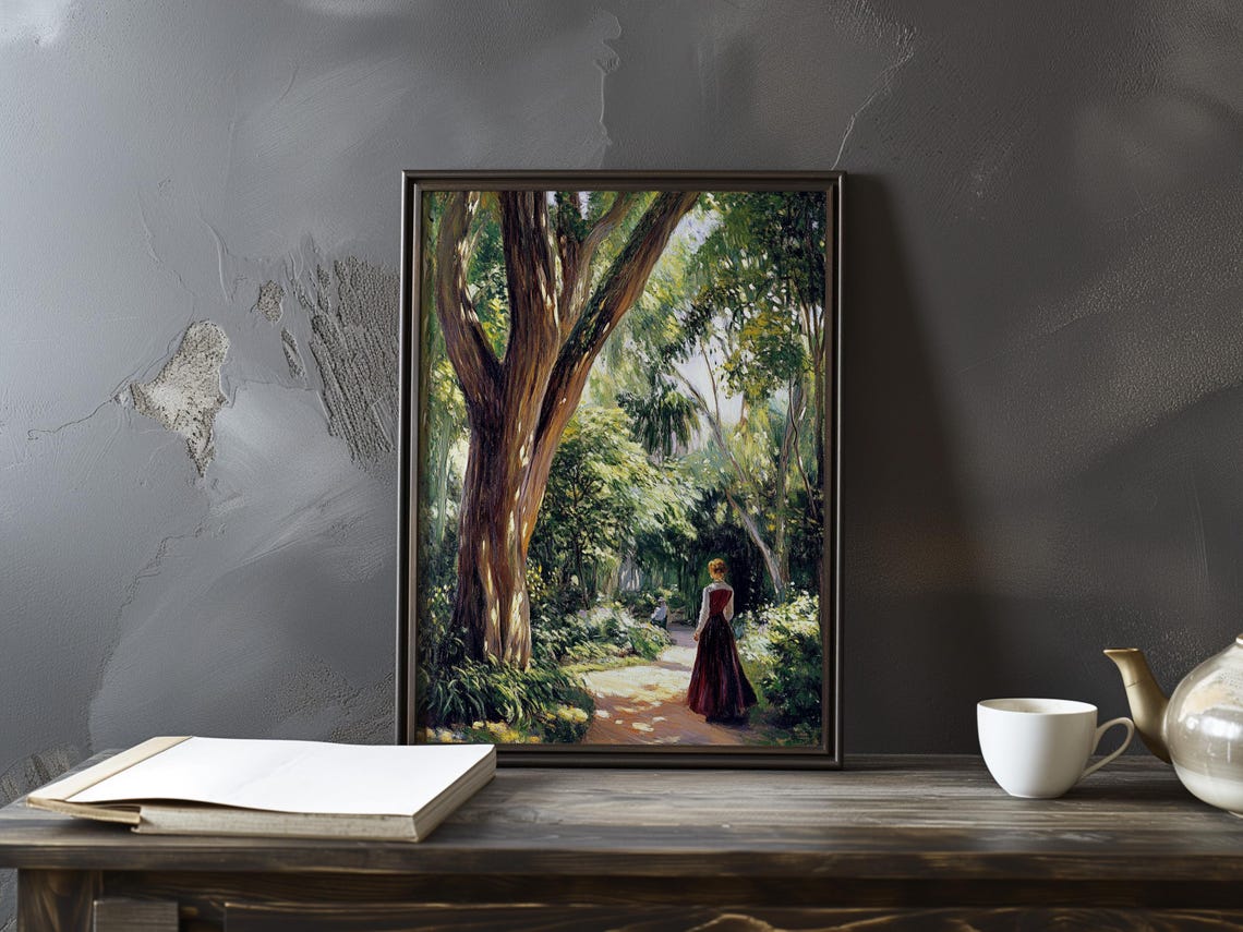 Woman in a Long Red Dress Walking a Tree Lined Path Art Poster