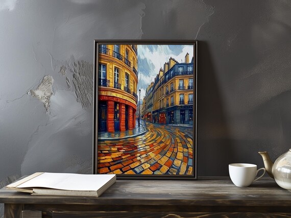 Vibrant Paris Corner With Golden Buildings and Wet Cobbles Art Poster