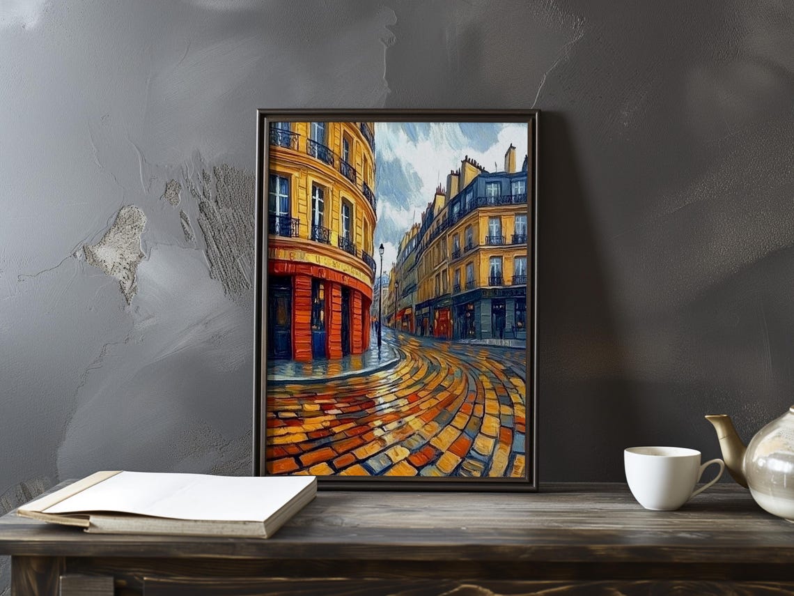 Vibrant Paris Corner With Golden Buildings and Wet Cobbles Art Poster