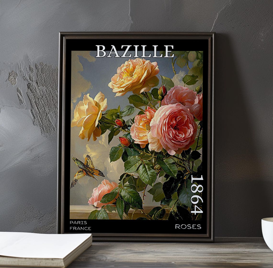 Bazille Roses 1864 Blush Roses with Butterfly in Sky Scene Poster