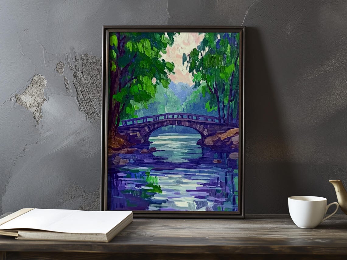Stone Arch Bridge Spanning A Violet River Evening Light Poster
